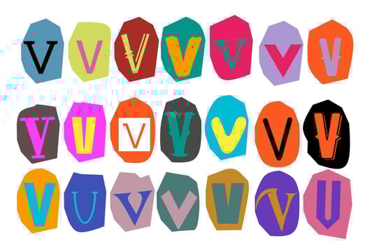 Alphabet V- vector cut newspaper and magazine letters, paper style ransom note letter