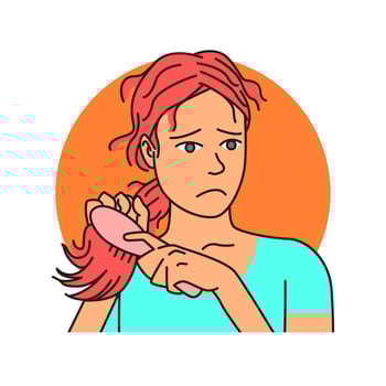 tangled hair. Vector illustration of pretty woman holding comb with hair loss problems,tangled hair,on white,Healthy hair with hairbrush,Hair care,beauty