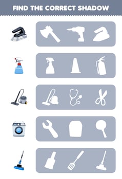Education game for children find the correct shadow silhouette of cute cartoon iron sprayer vacuum cleaner washing machine mop printable tool worksheet vector
