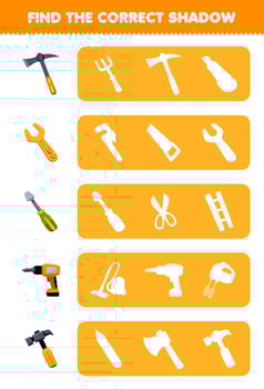 Education game for children find the correct shadow silhouette of cute cartoon pickaxe wrench screwdriver drill hammer printable tool worksheet vector