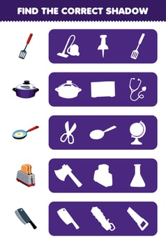 Education game for children find the correct shadow silhouette of cute cartoon spatula pot frying pan toaster knife printable tool worksheet vector