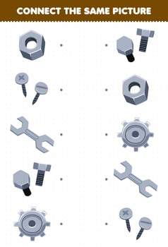 Education game for children connect the same picture of cartoon nut screw spanner bolt gear picture printable tool worksheet vector