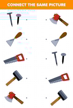 Education game for children connect the same picture of cartoon nail chisel saw hammer axe picture printable tool worksheet vector