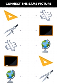 Education game for children connect the same picture of cartoon ruler divider blackboard globe picture printable tool worksheet vector