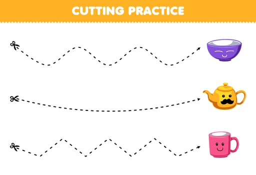 Education game for children cutting practice with cute cartoon bowl teapot and mug picture printable tool worksheet vector