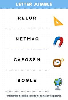 Education game for children letter jumble write the correct name for cute cartoon ruler magnet compass globe printable tool worksheet vector