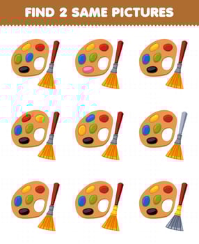 Education game for children find two same pictures of cute cartoon palette and brush printable tool worksheet vector
