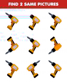 Education game for children find two same pictures of cute cartoon drill printable tool worksheet vector