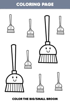 Education game for children coloring page big or small picture of cute cartoon broom line art printable tool worksheet vector