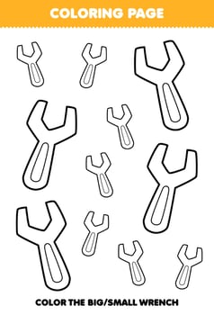 Education game for children coloring page big or small picture of cute cartoon wrench line art printable tool worksheet vector