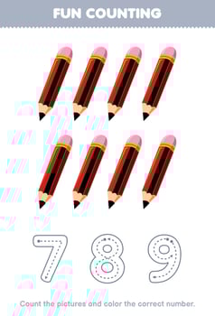 Education game for children count the pictures and color the correct number from cute cartoon pencil printable tool worksheet vector