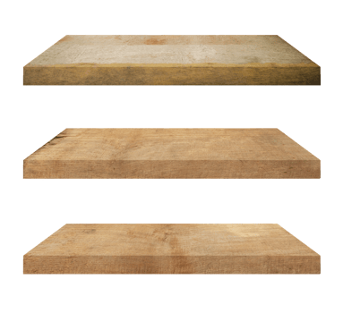 3 old wood shelves table isolated on transparent background. Png realistic design element.