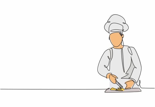 Single one line drawing of young happy attractive male chef slicing vegetables on wooden cutting board to prepare meal food. Modern template one line hand drawn vector illustration minimalism style