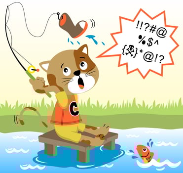 Funny cat fishing in river gets shoe, fish on water, vector cartoon illustration