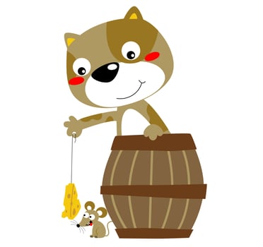 Funny cat in wooden barrel trap mice with cheese, vector cartoon illustration