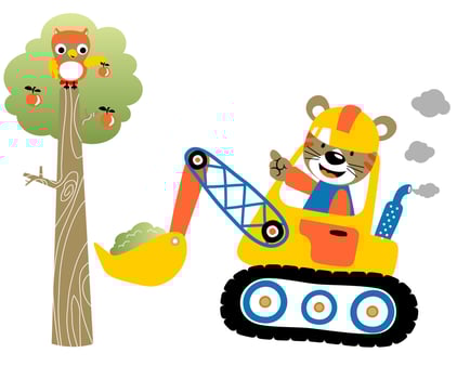 Funny cat on construction vehicle, owl on tree holding fruit, vector cartoon illustration