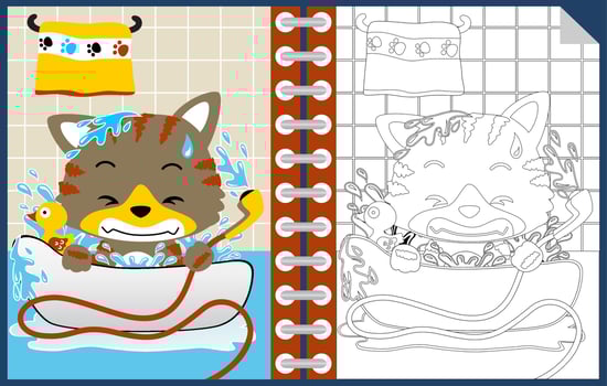 Little cat on bathtub in the bathroom, coloring book or page vector