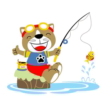 fishing time with funny cat, vector cartoon illustration