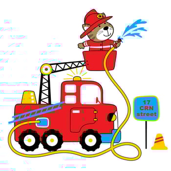 Funny cat spraying water from firetruck, vector cartoon illustration