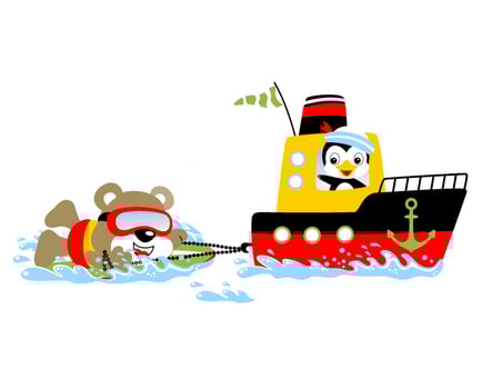Vector cartoon of cute penguin on boat pulling bear with surfboard in the sea
