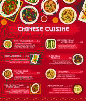 Chinese cuisine meals menu, Asian food dishes vector