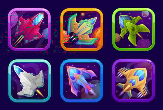 Cartoon space game app spaceship icons buttons set vector