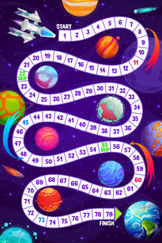 Kids space game with starship, planets and earth vector