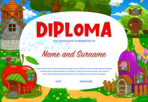 Kids diploma cartoon fairytale house buildings vector