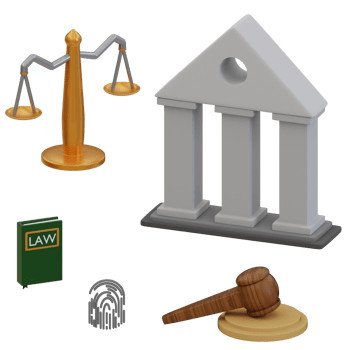 3d rendered law icon set includes court building, balance, judge hammer, book of law and fingerprints perfect for law design project png