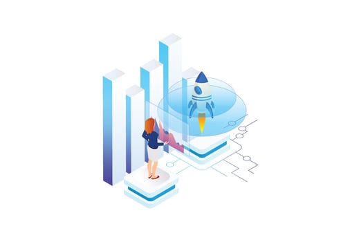 Isometric Businnes Start Up Concept. Income and Success. Vector Business Infographics in White Isolated Background With People and Digital Related Asset