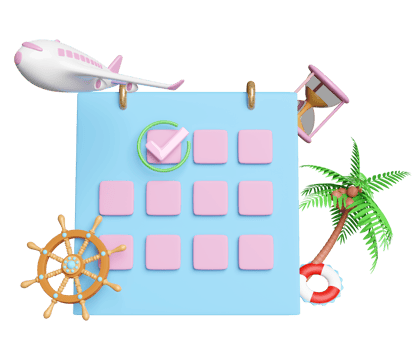 3d calendar with airplane icons, marked date, palm tree, hourglass, flight isolated. schedule appointment, summer travel, itinerary concept, 3d render illustration png