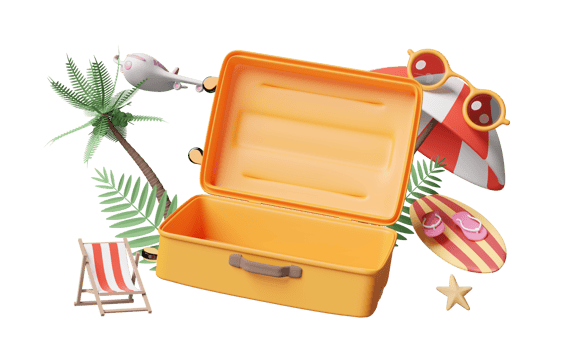 summer travel with open empty suitcase, beach chair, sunglasses, surfboard, umbrella, coconut tree isolated. concept, 3d illustration render png