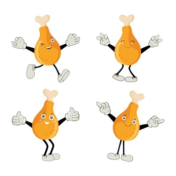 Fried chicken leg cartoon character. Roast chicken leg mascot. Vector illustration of a fried chicken icon. Whole roast chicken. Leg poultry vector emoticon.