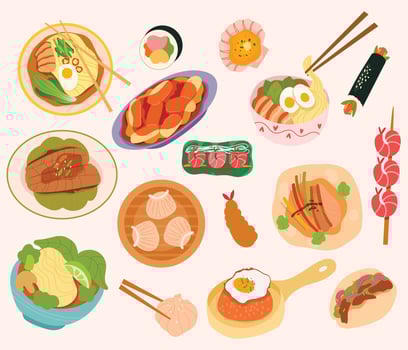 Asian traditional cuisine. Chinese,Japanese,Korean food. Menu design with noodles, soup miso, sushi and set of traditional dishes. Hand drawn vector illustration.
