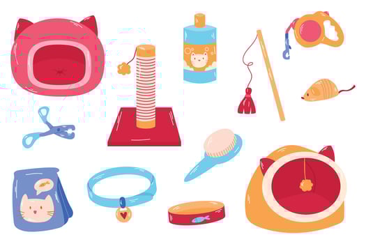 Pets goods, accessories set. Toys, food, supplies for cats. Feline stuff, products,feed, bowl, brush. Flat vector illustration isolated on white background.