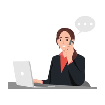 Business woman sitting at workplace desk front view business man using computer while talking on landline phone working process concept creative. Flat vector illustration isolated on white background