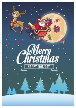 santa claus and the deer fly around the night sky vector