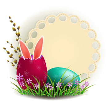 Easter eggs with rabbit ears, a willow branch, green grass with flowers and a round frame. Element for design. png