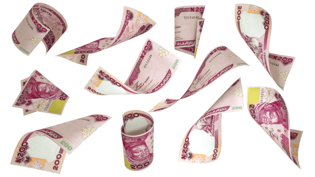 3D rendering of 200 Nigerian naira notes flying in different angles and orientations png