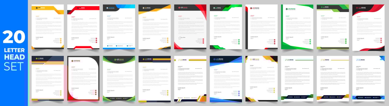 set of 20 Letterhead Bundle mega collection, Letterhead template set,  Corporate business letter head design template set with unique shape. business letterhead bundle. vector