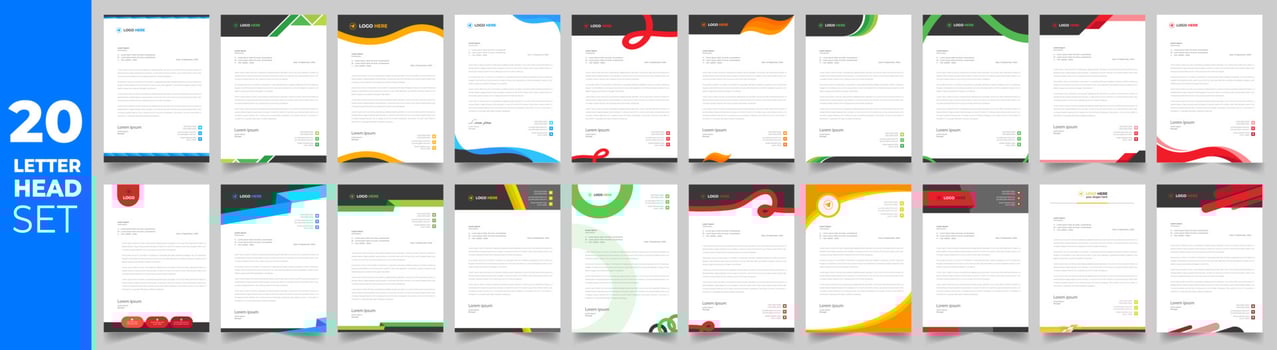 set of 20 Letterhead Bundle mega collection, Letterhead template set,  Corporate business letter head design template set with unique shape. business letterhead bundle. vector