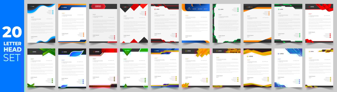 set of 20 Letterhead Bundle mega collection, Letterhead template set,  Corporate business letter head design template set with unique shape. business letterhead bundle. vector