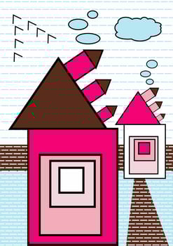 Crazy abstract two houses. Abstraction art. Bright colors. Postcard. Pink, light blue, brown, white colors. Cozy homes. Distorted buildings. vector
