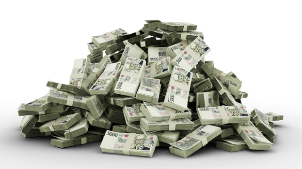 Big pile of Czech Koruna notes a lot of money over transparent background. 3d rendering of bundles of cash png