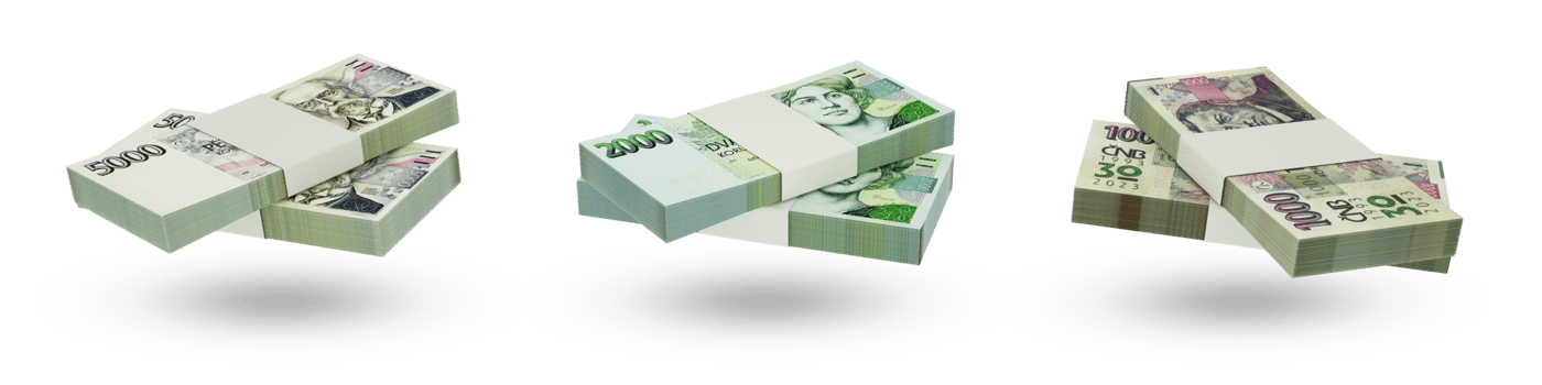 Set of stacks of Czech Koruna notes in different denominations. 3d rendering png