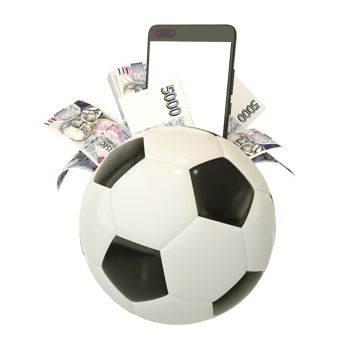 3d rendering of Czech Koruna notes and phone behind soccer ball. Sports betting, soccer betting concept isolated on transparent background. mockup png