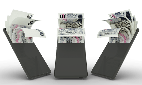 Czech Koruna notes inside a mobile phone. money coming out of mobile phone. 3d rendering of set of mobile money transaction concept. money from Phone png