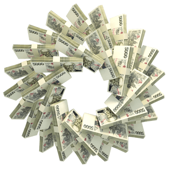 3d rendering of stacks of Czech Koruna arranged in a circular pattern. png