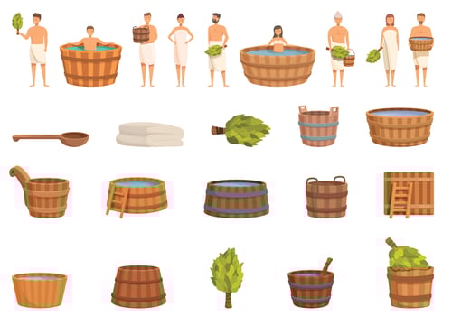 Bathing in Vat icons set cartoon vector. Wooden tub vector
