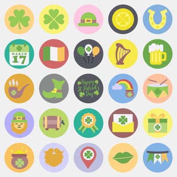 Icon set of St. Patrick's Day celebration elements. Icons in color mate style. Good for prints, posters, logo, party decoration, greeting card, etc. vector